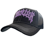 blackletter trucker cap, black and purple