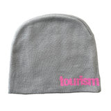 tourism beanie, pink and grey