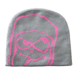 tourism beanie, pink and grey
