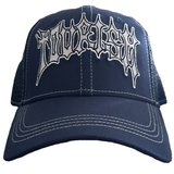 blackletter trucker cap, navy and white