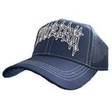 blackletter trucker cap, navy and white