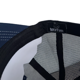 blackletter trucker cap, navy and white